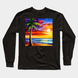 Sunset Palm Seaside Tropical Landscape Long Sleeve T-Shirt